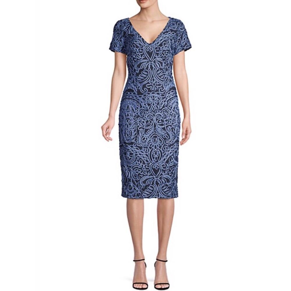 JS Collection Dress Soutache Trimmed Sheath Blue Cocktail Knee Length Size 12